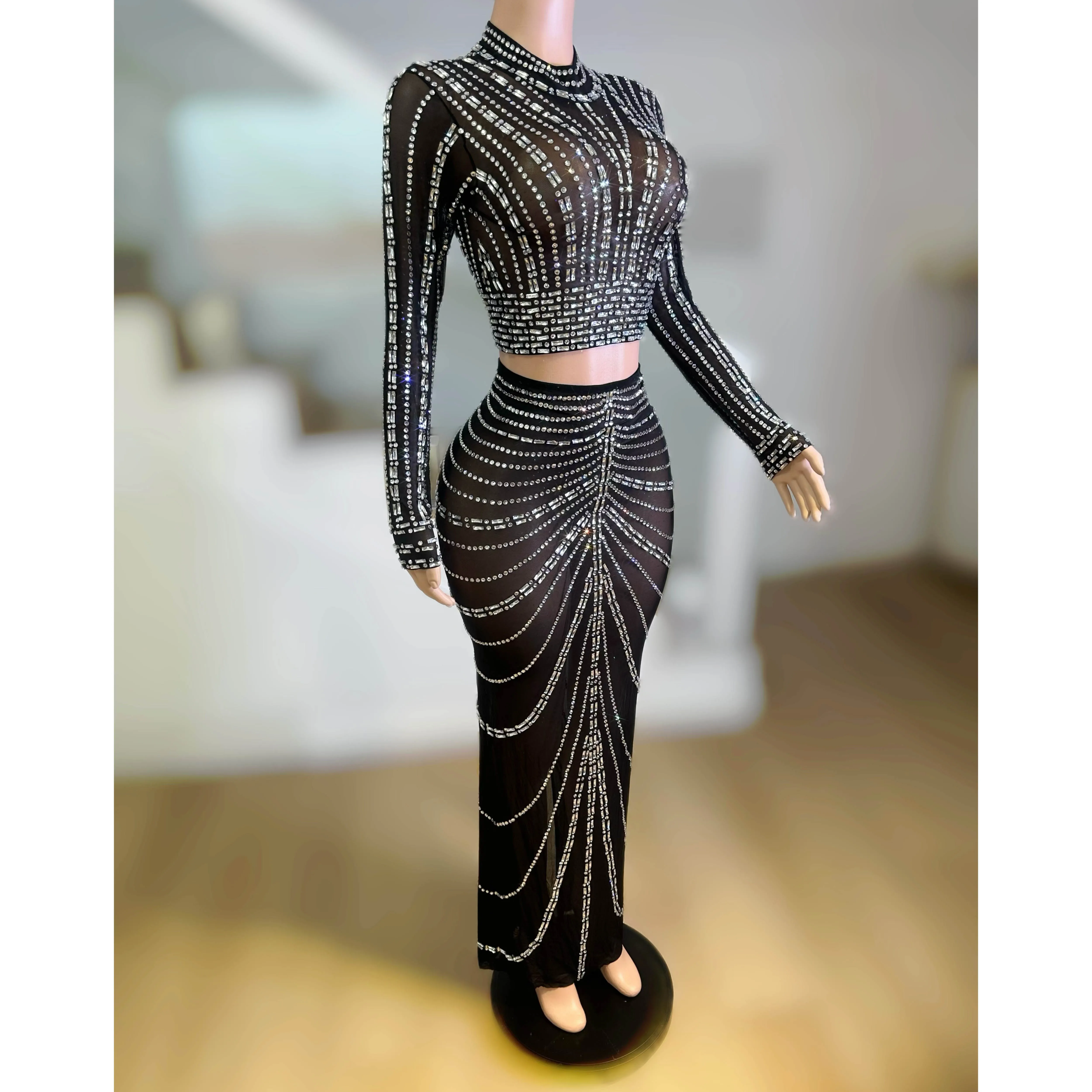 Newest Sparkly Rhinestones Long Dress Women Sexy Mesh See Through 2PCS Sets Nightclub Outfit Birthday Celebrate Elegant Gowns