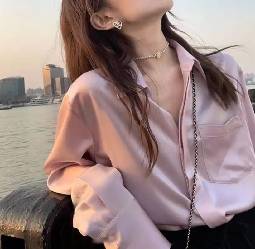 

Женская осенняя рубашка, винтажная блузка с пятнами, шелковистая рубашка на пуговицах с длинными рукавами, офисный женский топ, корейская женская блузка, женская одежда