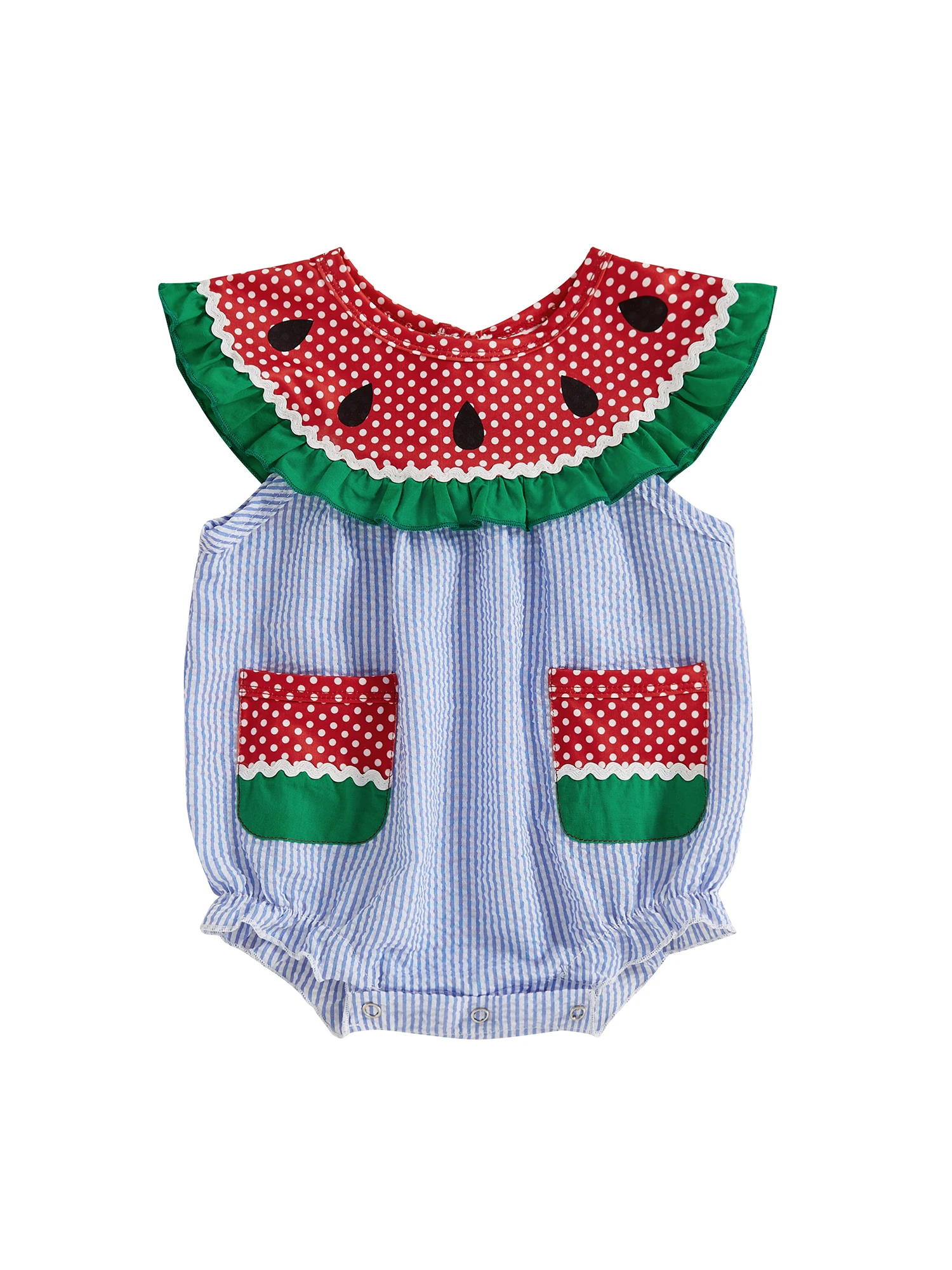 Baby Girl and Boy Overalls Watermelon Print Sleeveless Jumpsuit with Pockets Toddler Striped Romper for Summer