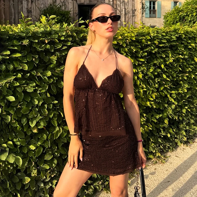 

Ticketsx Vintage V-neck Sequins Backless Lace Up Top Women Ruched Slim High Waist Mini Dress Set Sexy High Street Matching Sets