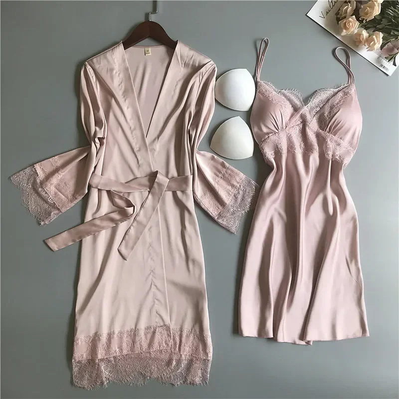 MECHCITIZ silk robe & gown set sexy sleepwear women lingerie dressing summer pajamas lace bathrobe lounge sleep set home pijamas