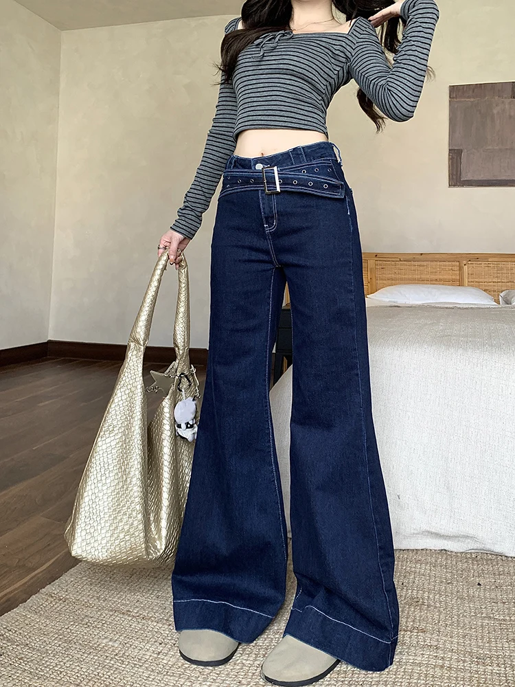 Women Vintage Bootcut Jeans Autumn Winter Dark Blue Hottie Patchwork Denim Pants Casual Office Lady High Waist Loose Trouser New