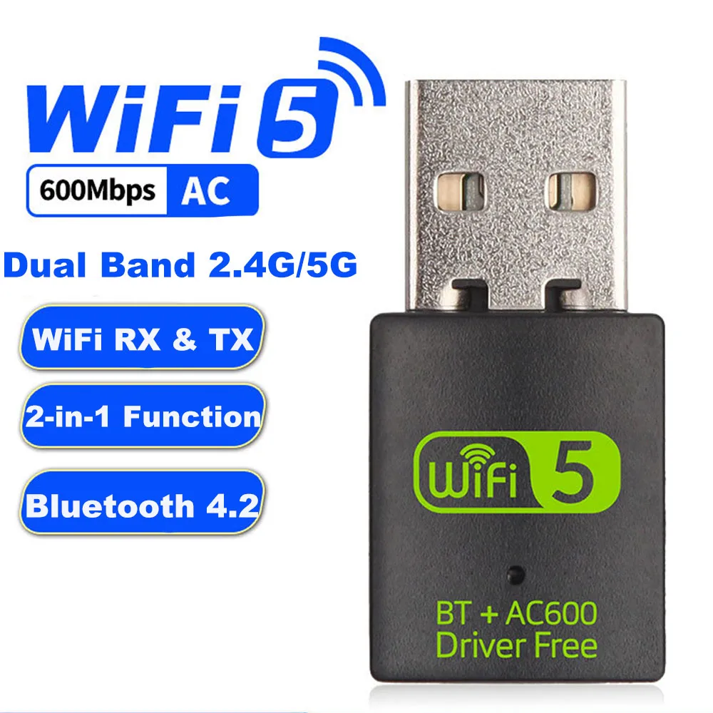 Free Driver 600Mbps WiFi5 USB Adapter Dual Band 2.4G/5G Bluetooth 4.2 Wireless Network Card Dongle Receiver for PC Laptop