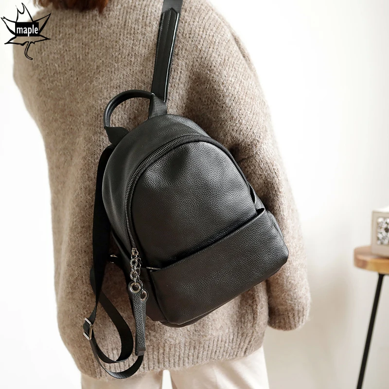 Double Zipper Genuine Leather Fashion Women Backpack Preppy Style Girl's Schoolbag Black Holiday Knapsack Lady Casual Travel Bag