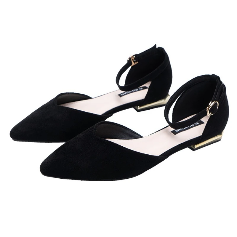 

Suede cover metal low heels office sandals women pointed toe buckle sandalias elegant closed toe summer work shoes