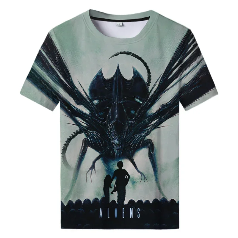 Homens e mulheres arte alienígena camiseta Harajuku impressa em 3D, camisa esportiva casual gola redonda, top impresso de filme de terror, verão,