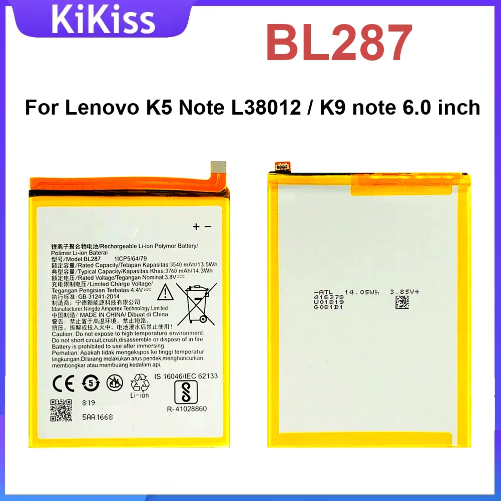 

BL287 3760 мАч аккумулятор для Lenovo K5 Note L38012 K9 6,0 дюймов долговечный сменный мобильный телефон