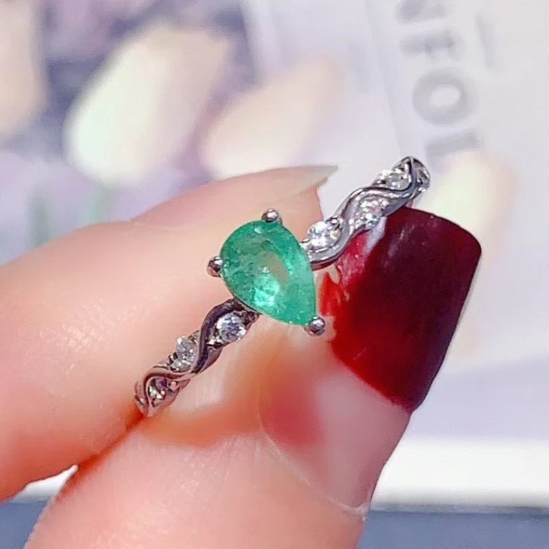 

925 Sterling Silver Natural Emerald Ring with Certificate 6x4mm Pear Cut Genuine Emerald Jewelry Twist Band Design Silver Ring