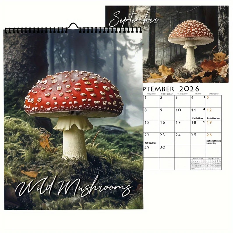 

Календарь с дикими грибами на 2026 год — красные и белые пятнистые грибы, включая января в декабрь и праздники.