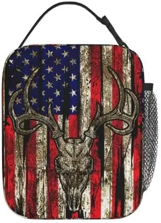 Dirty Hunting Camo Camouflage American Flag Green Black Deer Skull Portable Lunch Bag Insulated Lunch Box Reusable Totes For