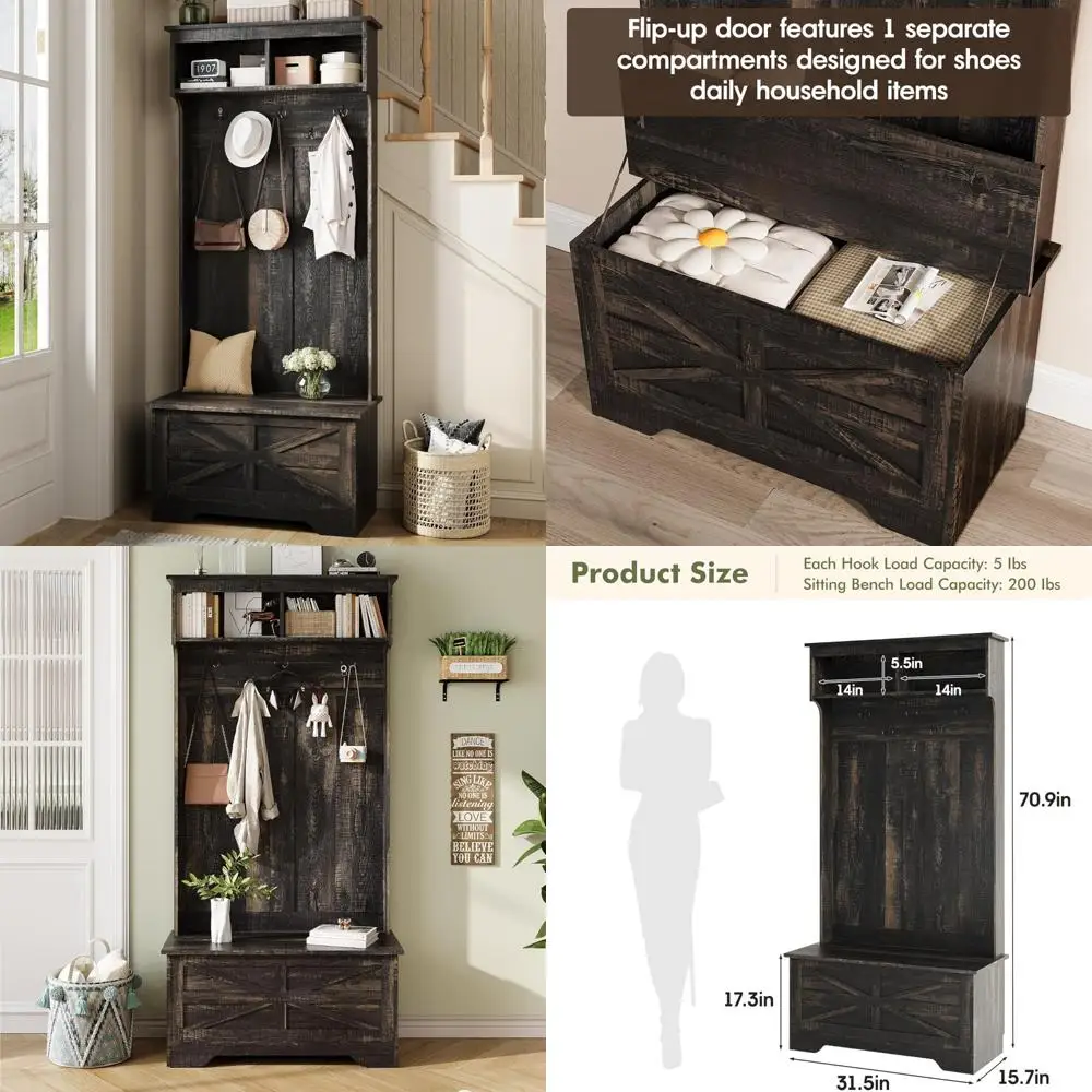 مقعد تخزين مع رف معطف وخزانة، منظم مدخل 71 بوصة، غرفة الطين 4 في 1 ومقعد وحل تخزين