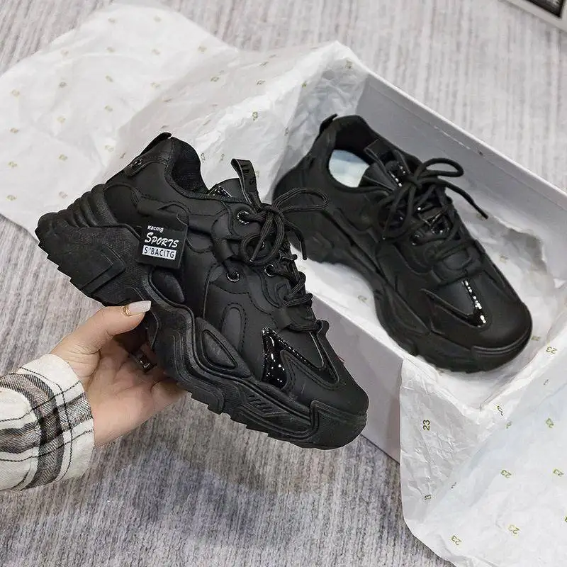 

Women's Dad Shoes 2023 Leather Surface Trendy Black Thick Bottom Casual Versatile Sports Shoes Low Cut round Toe Rubber Sole