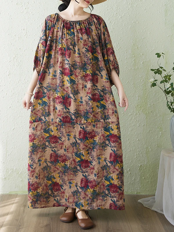 

plus Size Cotton Linen Print Loose Fitting Long Dress Lantern Sleeve Cover up Slimming Robe Casual Style a Line Summer Dress
