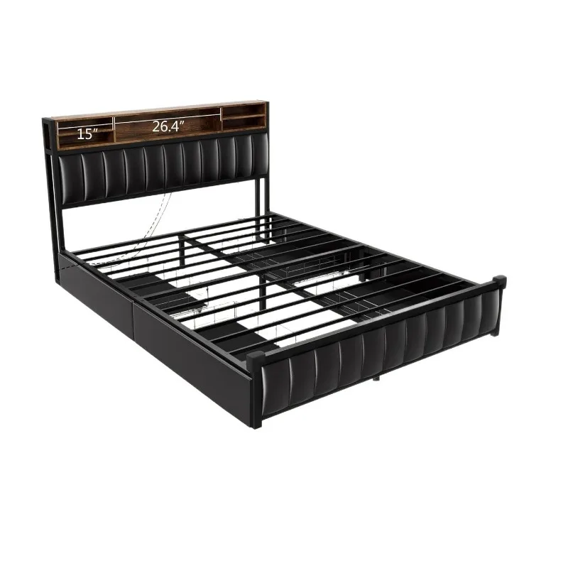 Bed frame with 4 storage drawers and bookcases, headboard, upholstered platform bed frame