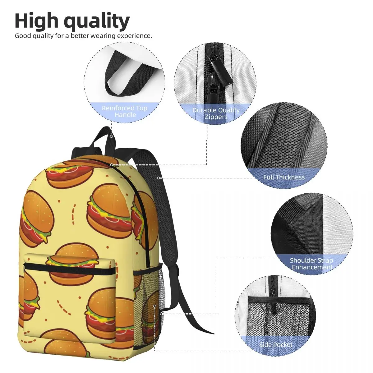 Burger Pattern Backpack Student BookBag Kids School Bag Computer Shoulder Bags for Men Women