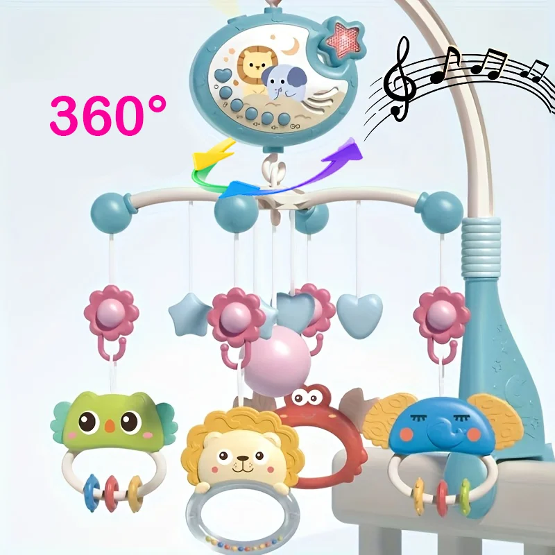 360 °   Culla musicale per bambini, mobile rotante, luce notturna, proiezione, letto, campana, giocattolo, quattro velocità, timing, appeso, neonato, comodino, Gif