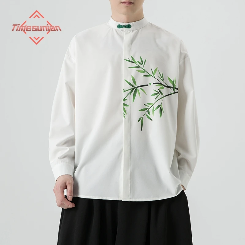 

Chinese Style Satin Men's Long Sleeve Shirt Bamboo Print Retro Japanese Fashion Button down Coat Casual Wear Spring Autumn