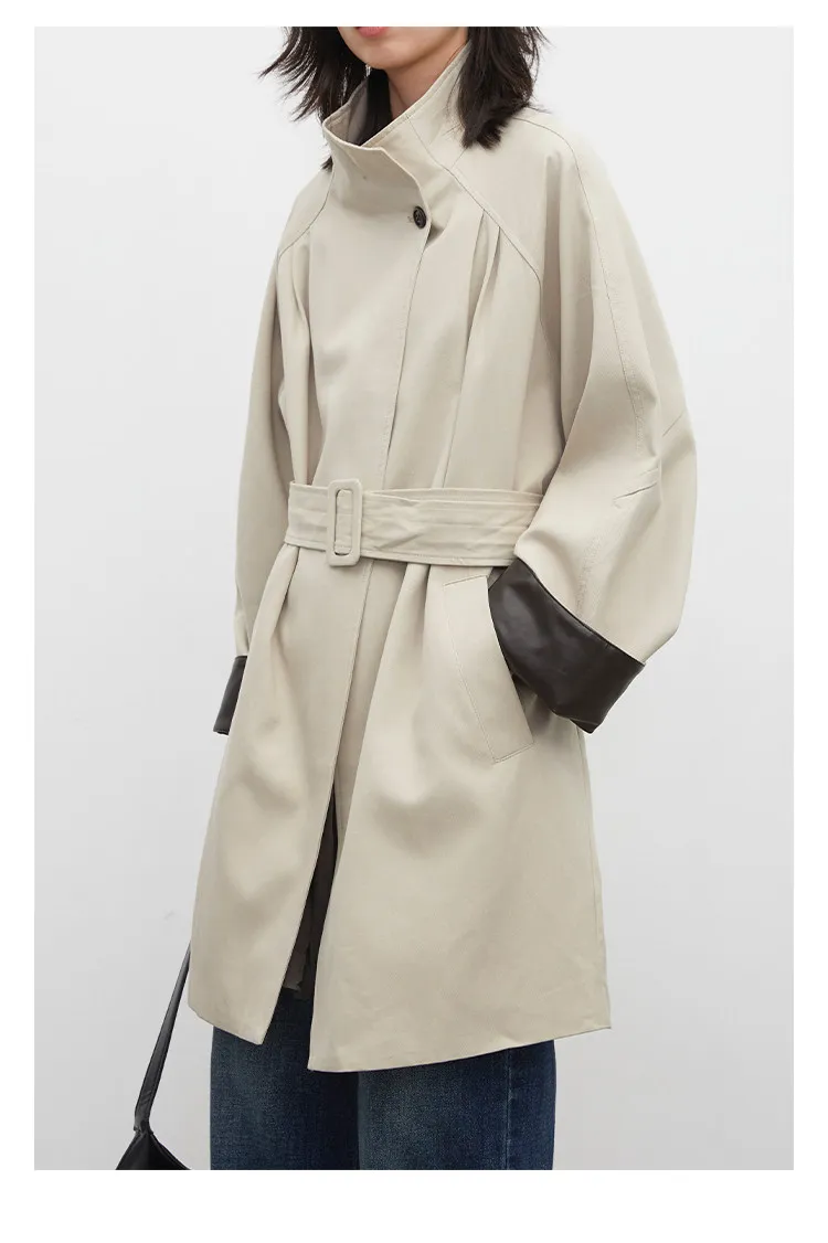 CHIC VEN Korean Women Mid Length PU Jacket Stand Collar One-button Laced Up Overcoat Office Lady Trench Coat Spring Autumn 2026