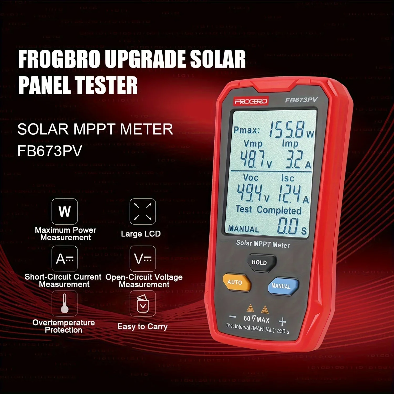 FB673PV Solar Panel Tester Meter Photovoltaic Multimeter 800W, Solar MPPT Meter with Large Ultra Clear LCD, Smart MPPT Open Circ 