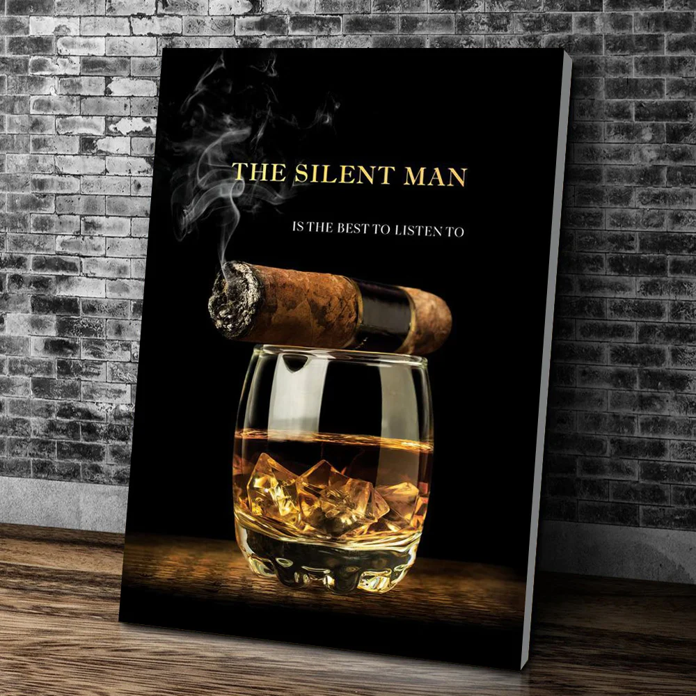 

Modern Wall Decor Canvas Prints Cigar And Whisky The Silent Man Hustle Posters Ice Wine Art Painting For Bar Pub Saloon