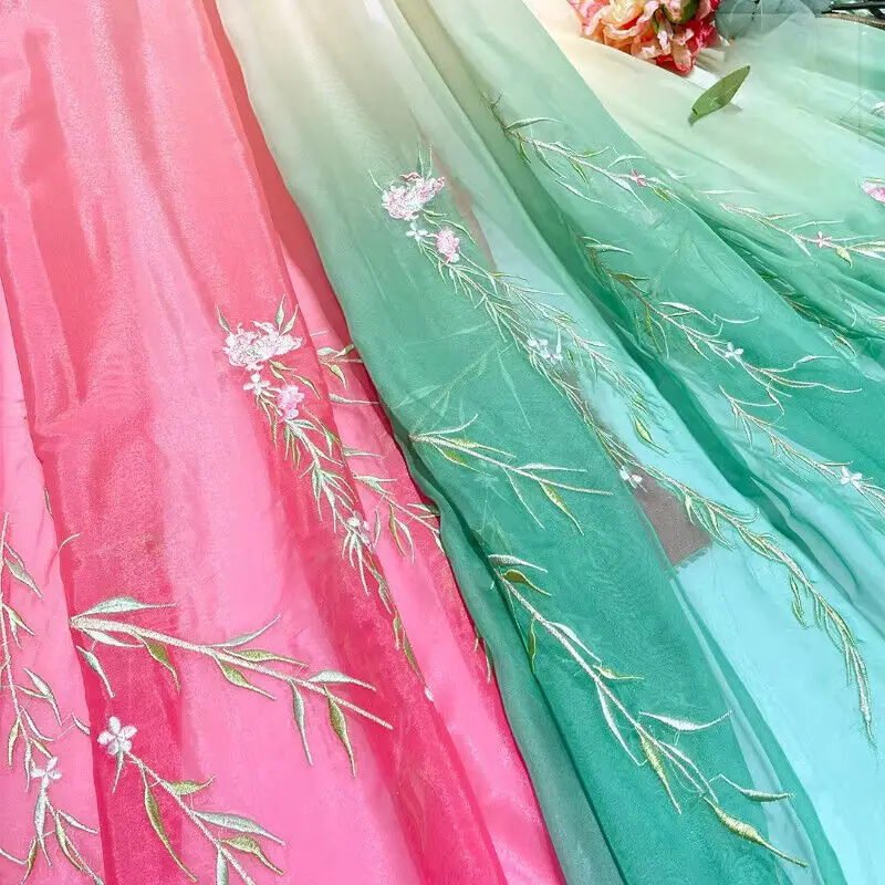 Embroidered Willow Leaf Cloth Hanfu Guofeng Gradient DIY Cheongsam Curtain Fabric Sewing Craft Supplies Sewing Cloth New