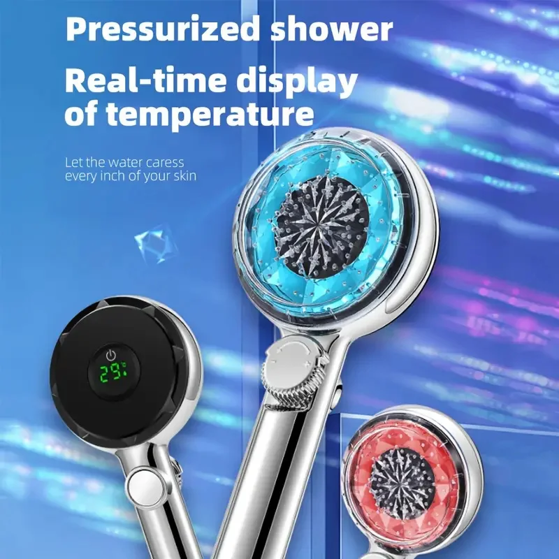 1pc Digital Display Temperature Control Showerhead One-touch Water-stop Shower Head Supercharged Showerhead Bathroom Accessories