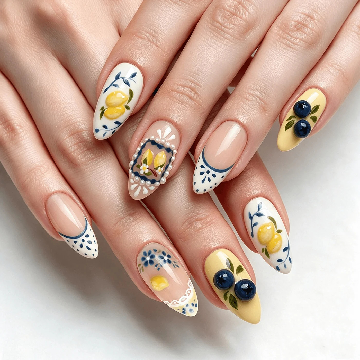 3D Stereo Wearable Nail Tips Almond Shape Blueberry Lemon Design False Nails Artificial Nail Tips for Beauty Manicure