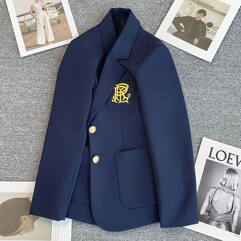 Navy Blue Blazer Jacket Women Single Breasted Pocket Embroidery Fashion Suit Jacket Ladies Casual Office Formal Blazers Coat