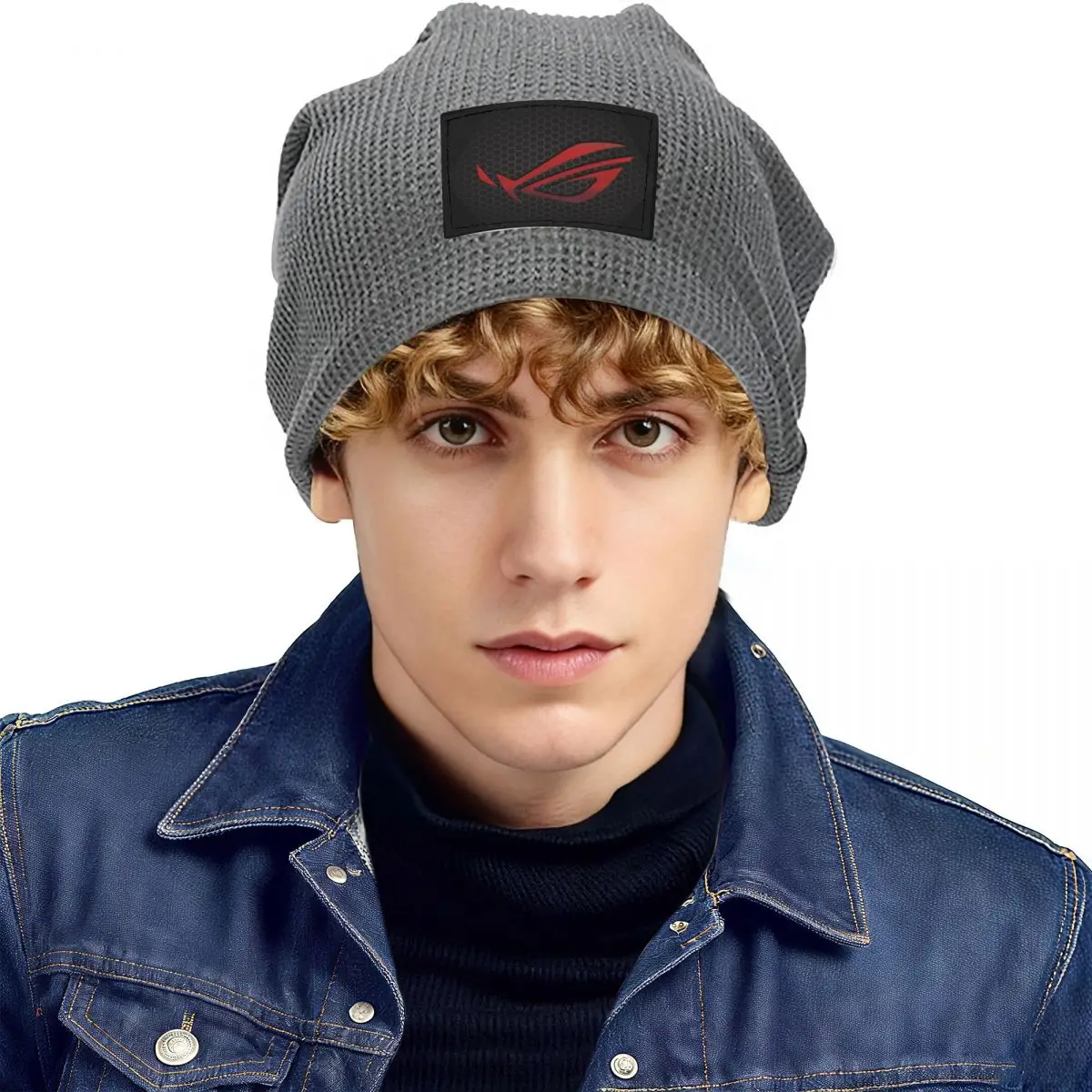 Asus Rog Future Hexagon Waffle Knit Fleece Lined Beanie with PU Leather Patch Unisex Warm Winter Soft Cap