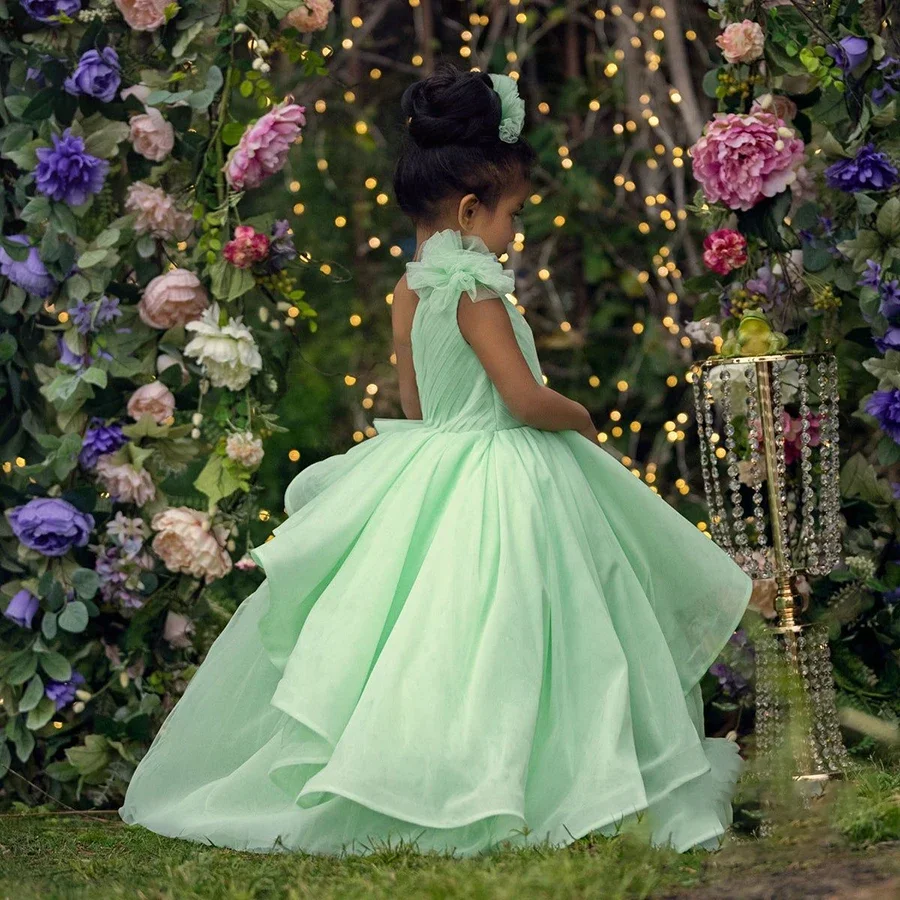 

Green Flower Girl Dress Kids Princess Lace One Shoulder Floor Length Wedding Tulle Satin Pleat Prom Gown First Communion