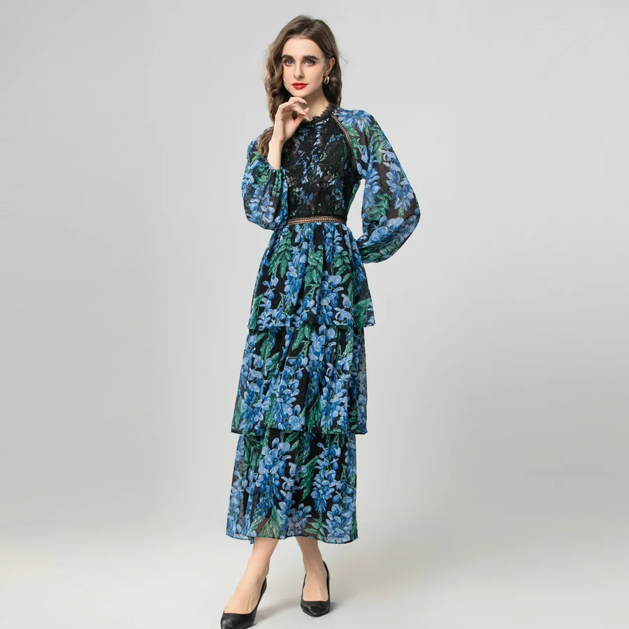 Elegante vestido longo em camadas novo sino azul impresso solúvel em água gancho flor cintura cinching vestido de manga longa 250226 XQ