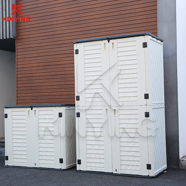 Small Outdoor Plastic Tool Storage Cabinet With HDPE Material Easily Assembled Wood Frame Pressure Treated Nature Wood Shed Type