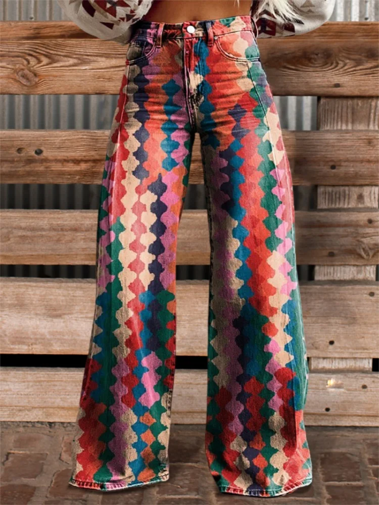 Spring, Summer, and Autumn Women\'s Long Pants 3D Digital Printing Imitation Jeans Thin Fabric Color Blocked Wide Leg Pants