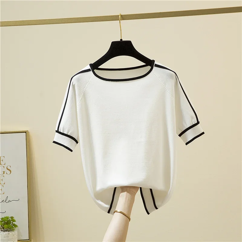 

Camisetas Mujer Thin Knitted T Shirt Women Short Sleeve Summer Tops Woman Clothes Striped Fashion T-Shirt Tee Shirt Femme 18841