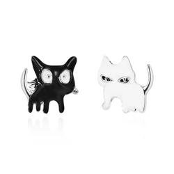 New Trendy Enamel Cat Stud Earrings For Women Cute Asymmetric Animal Kitten Flower Earrings Student Kids Girl Daily Jewelry Gift