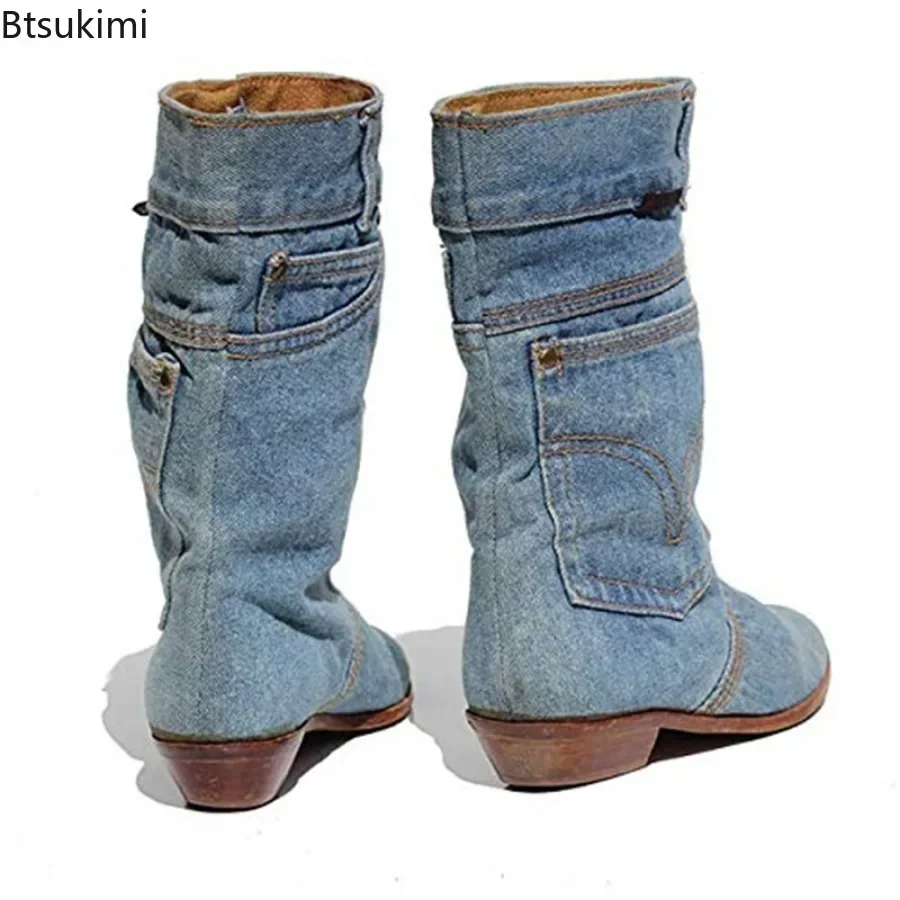 New 2024 Women\'s Denim Mid Calf Boots Low Heel Casual Short Boots Female Jeans Leather Pointed Toe Cowboy Boots Big Size 34-43