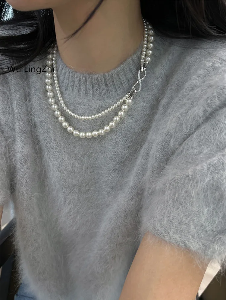 Wu LingZhi-Detachable White Pearls Necklaces for Women, Classic Double Neck Chain, 8 Shape Buckle, Luxury, Top Quality, New