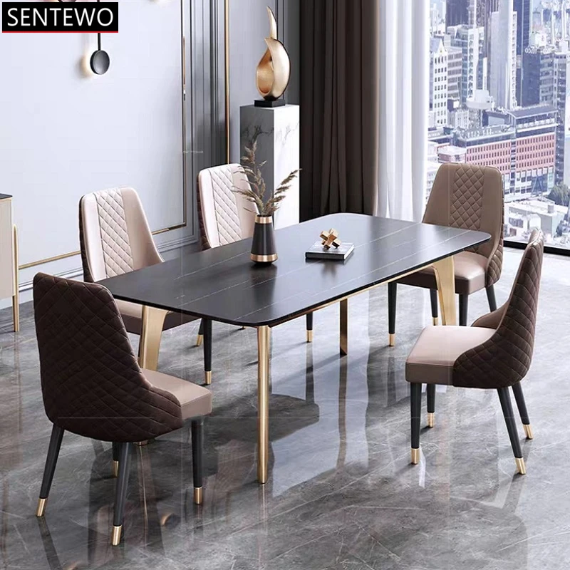 SENTEWO Free Shipping Nordic Luxury Marble Dining Table Set With Chairs Stainless Steel Gold Frame Tables Chaise Salle A Manger