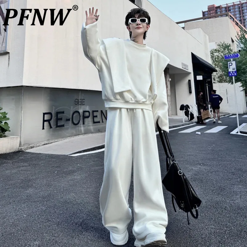 PFNW Casual Men's Set 2024 Autumn Solid Color Round Neck Detachable Hoodie Loose Wide Leg Pants New Fashion Male Suit 28W5082