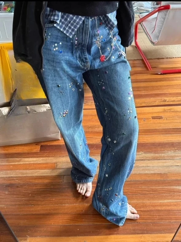 Women's 2025 Fashion Colored Beads Hot Diamond Chain Decorative Denim Trousers Trendy Straight Jeans Feminine Nice Denim Pants
