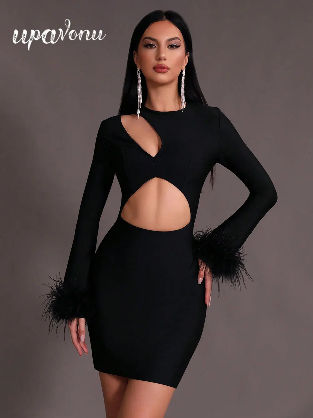 

2024 Sexy Women's Bandage Dress O-Neck Long Sleeve Feather Decoration Hollow Bodycon Mini Dresse Cocktail Evening Party Vestidos