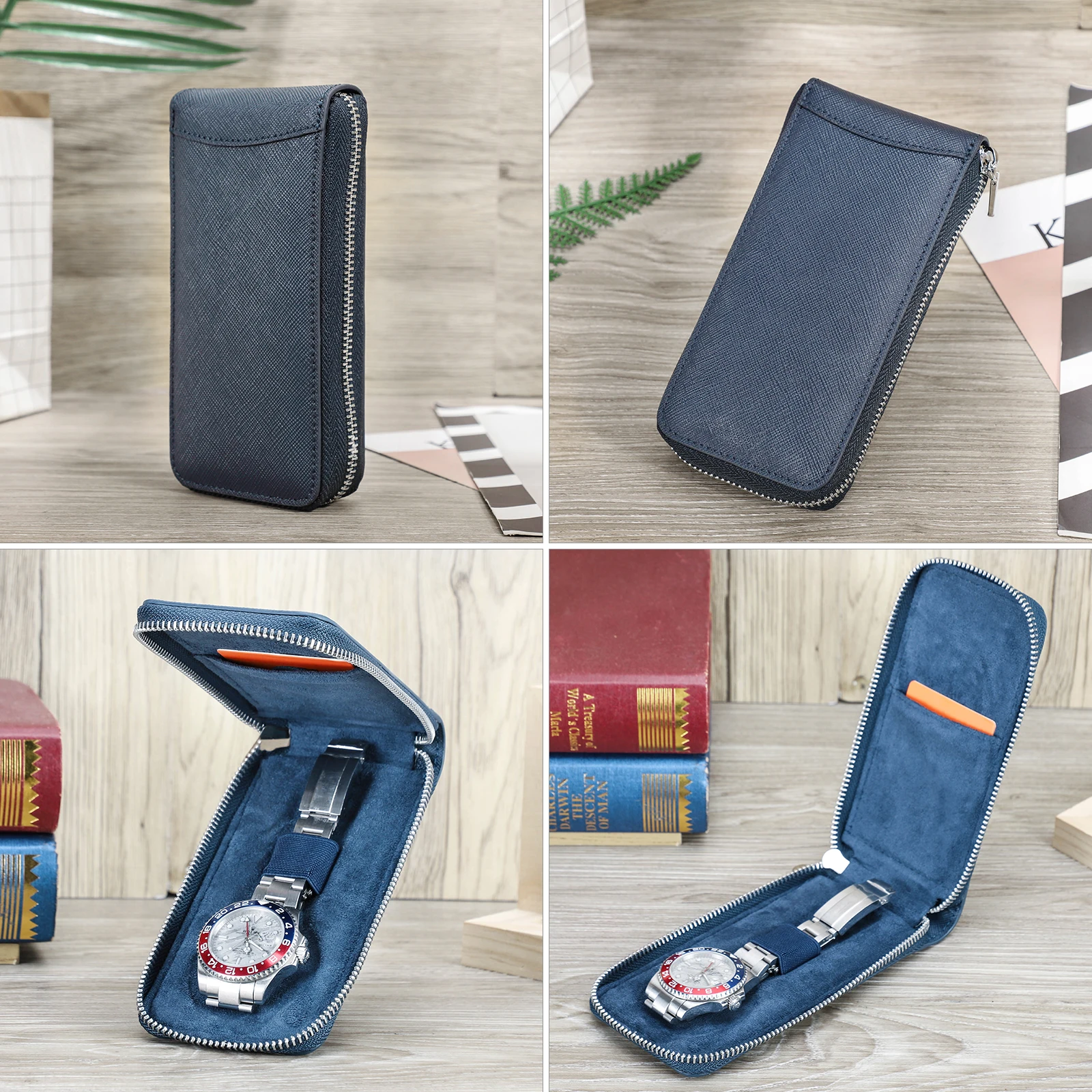CONTACTS FAMILY Genuine Leather Watch Pouch Zipper Portable Single Watch Storage Bag Custom Engraved Design
