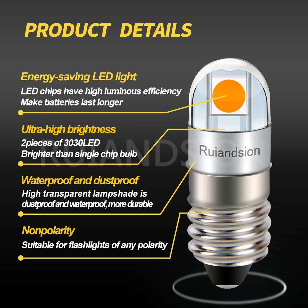 Ruiandsion E10 LED Bulb Non Polarity 200LM 3030 2SMD Chips Yellow 3V 4.5V 6V 9V 12V 24V 110V 220V Camping Hiking Caving Lights