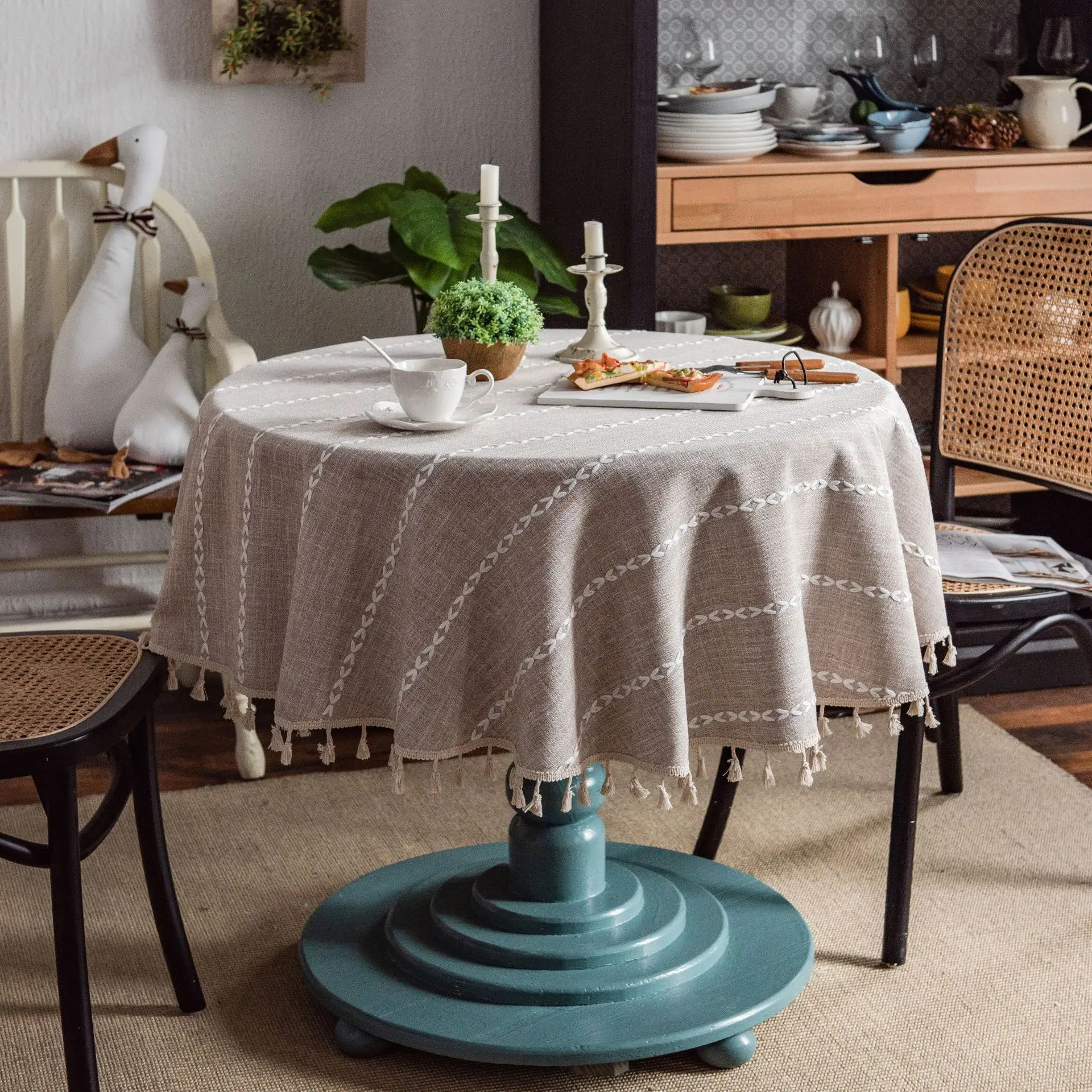 

150cm Diameter Tablecloth Coffee Tassel Imitation Cotton And Linen Round Table Cloth Embroidered Tea Table Tablecloth Multifunct