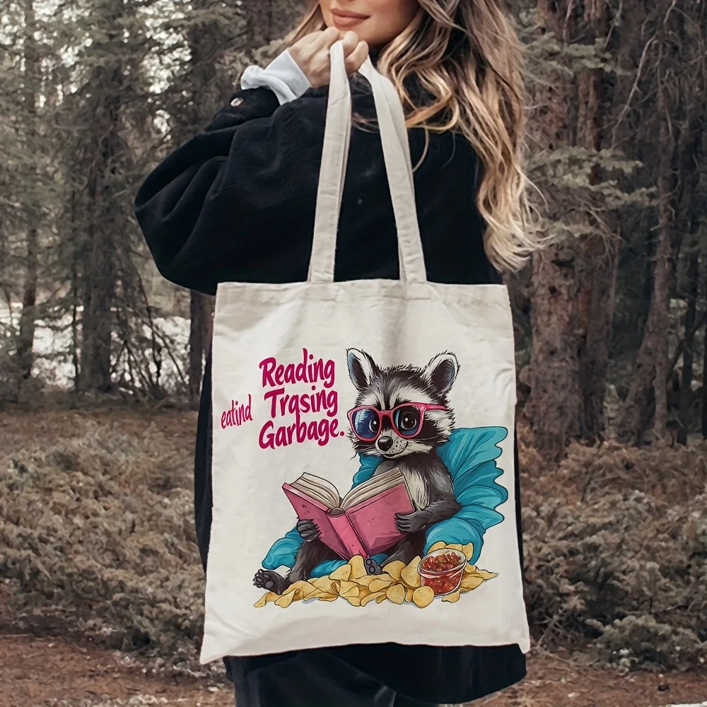 1pc Cute Raccoon Tote Bag with Raccoon Reading Book & Trash Can Design - Durable Canvas Grocery Bag (35.05cm x 40.13cm) Beige &