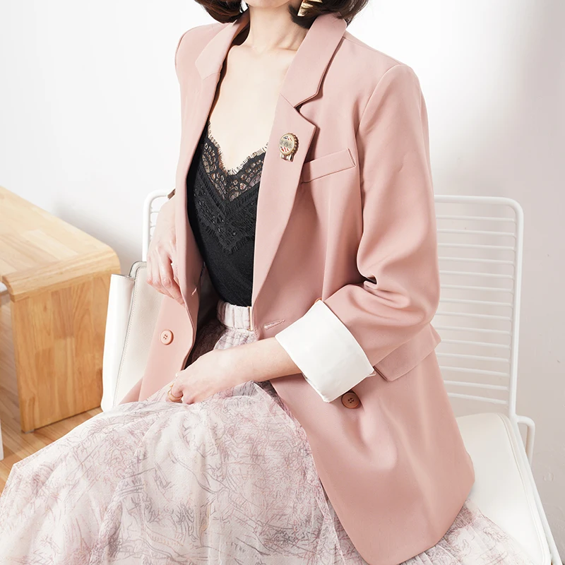 

Розовый приталенный пиджак Sakura для женщин, двубортный, средней длины, в западном стиле, высококачественный, модный деловой костюм