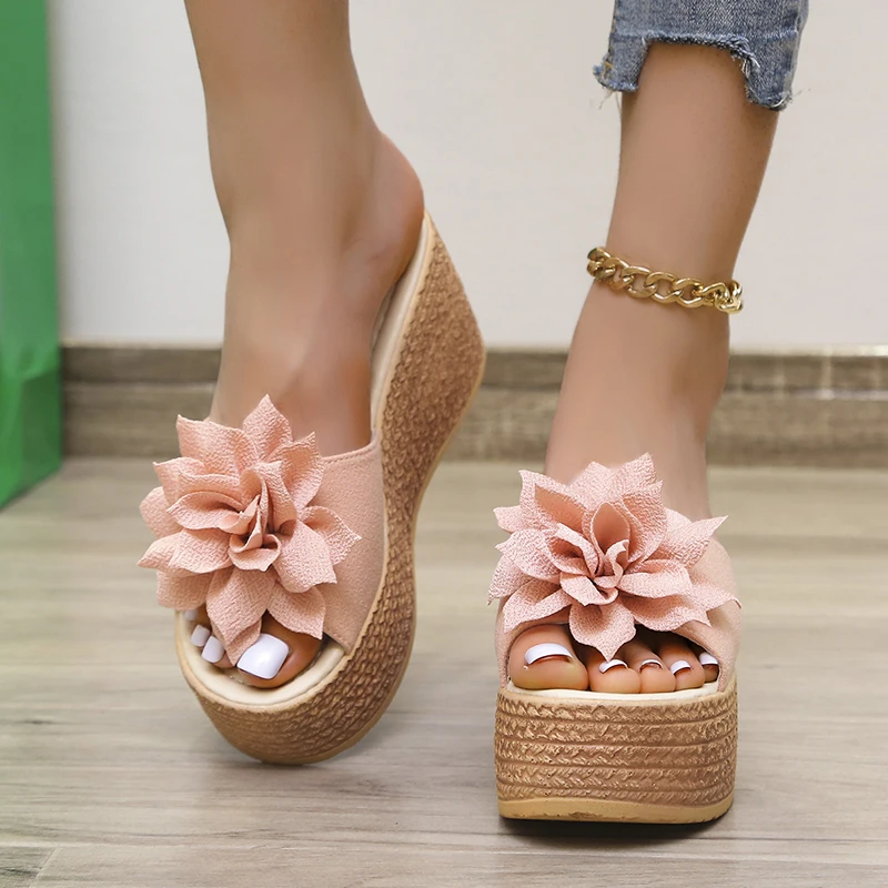 Women Platform Slippers 2024 Summer New Wedges Sandals Fashion Flower Women Shoes High Heel Slippers Women Zapatos De Mujer