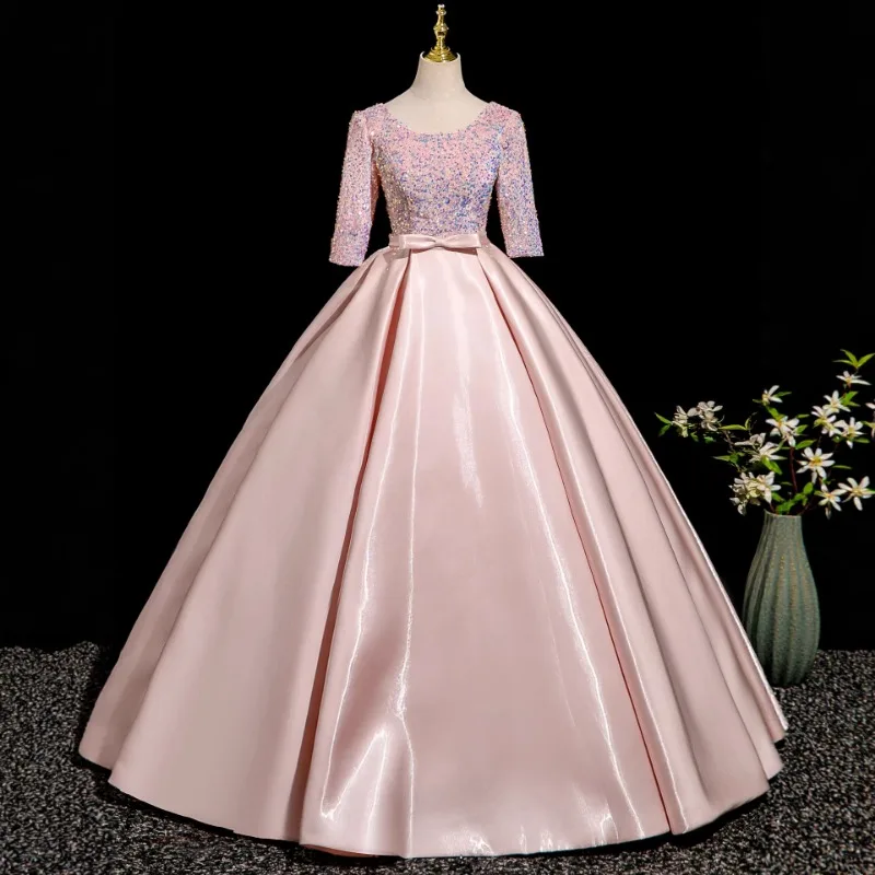 

Sparkling Pink Evening Gown Style Grand and Dignified Princess Dress, Host Performance Costume, Vocal Fluffy Skirt Customization
