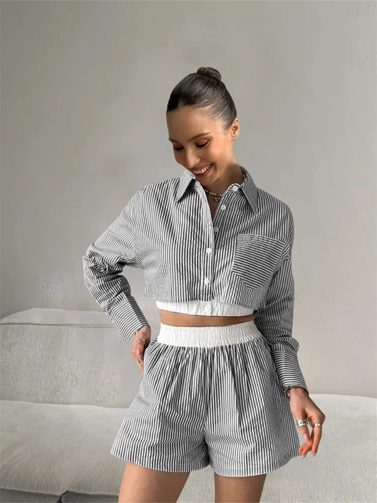 Wmstar Women Two Piece Set Summer Striped  Short Sets Cotton Long Sleeve Shirts Loose Elastic Waist Mini Shorts Office Outfits