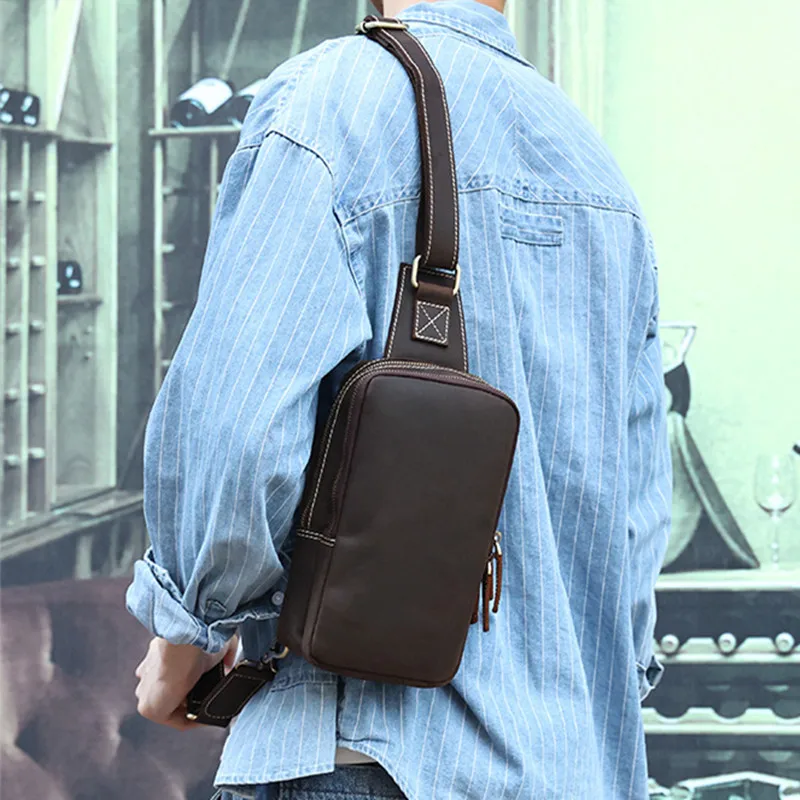 Sac à bandoulière en cuir véritable pour homme, sac de poitrine décontracté en cuir de cercle, sac à bandoulière multifonctionnel pour homme, grande capacité